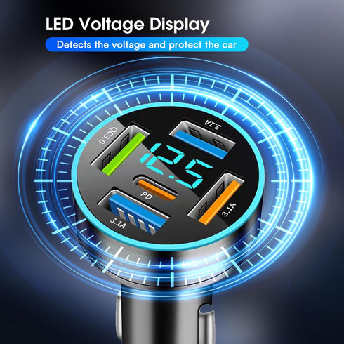 66W Car Charger Adapter 5 Port USB Car Charger PD 30W QC3.0 3.1A Car Cigarette Lighter USB Charger with LED Voltmeter Fast Car Charger Compatible ...