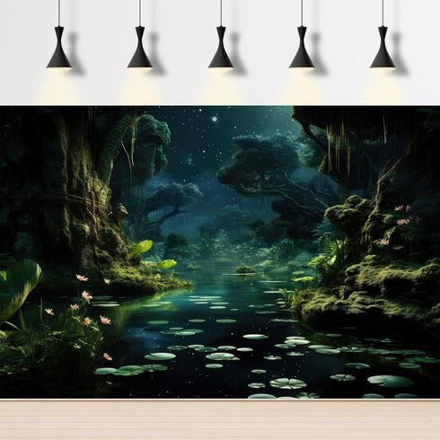 Forest River Aquarium Background Lily Pads Aquatic Plants Moon Stars Night Natural Landscape Terrarium Background Tropical Plants Lush Moss Aquari...