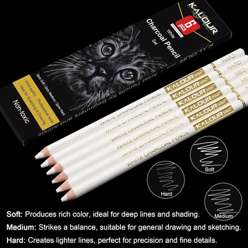 KALOUR White Charcoal Pencils Drawing Set, Professional 6 Pieces White Sketch Pencils for Drawing, Sketching, Shading, Blending, White Chalk Penci...