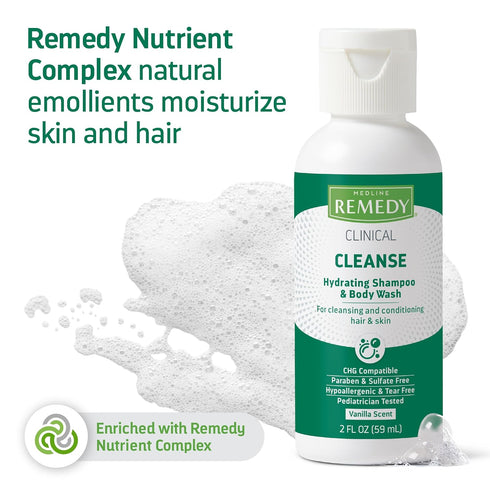 Medline Remedy Clinical Hydrating Shampoo & Body Wash (2 fl oz), Vanilla Scent, Cleanser, No-Rinse, Adults, Kids, Shower Or Bedside, Dimethicone, ...