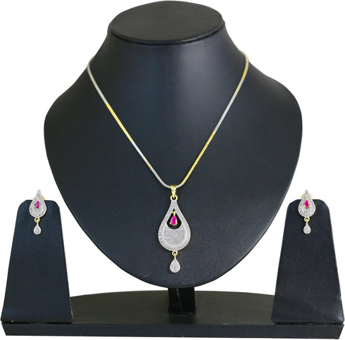 Touchstone Hollywood Glamour Cubic Zirconia CZs pear shape red faux ruby studded micron setting designer jewelry pendant set for women in gold and...