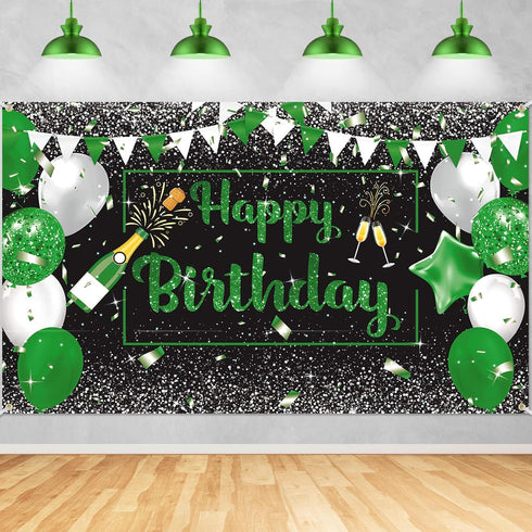 Green Silver Black Happy Birthday Banner Decorations - Champagne Glass Balloons Photo Booth Background for Men Women Party Supplies 73 x 44 Inch...
