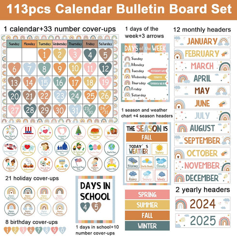 Boho Rainbow Classroom Calendar Set Bulletin Board Sets for Teachers Boho Classroom Calendar Decorations with Seasons Festival Weather Days of the...
