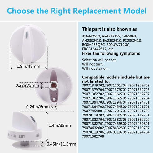 Reyhoar Range Surface Burner Knob Replacement Part 316442512 Compatible with Frigidaire & Kenmore & Sears Range Oven - Replaces PS2332410, AP4327159, FRG316442512, 1 Pcs, White