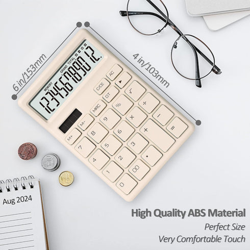 Standard Calculator 12 Digit,Beige Desktop Dual Power Battery and Solar,Desk Calculators with Large LCD Display,Perfect for Home, Office,and Schoo...