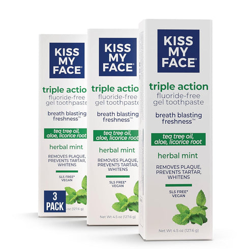 Kiss My Face Triple Action Toothpaste Gel, Herbal Mint Flavor, Removes Plaque, Whitens Teeth, Prevents Tartar, with Tea Tree Oil and Aloe, Fluorid...
