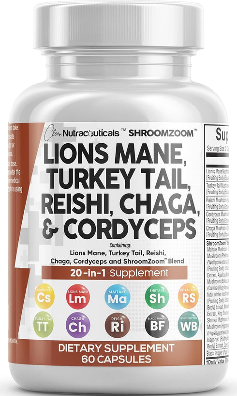 Clean Nutraceuticals Lions Mane 3000mg 20in1 Mushroom Supplement with Turkey Tail 2000mg Reishi 1000mg Cordyceps Chaga 1000mg Maitake Meshima Pori...