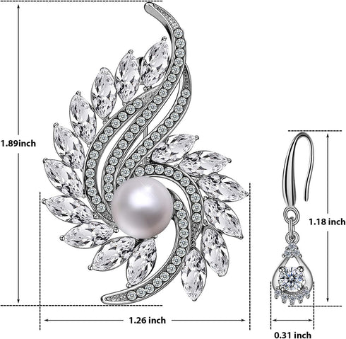 Party Holiday Wedding Brooch for Women and 925 Sterling Silver Earrings with Glitter Pearl Rhinestone Jewelry Set for Women...