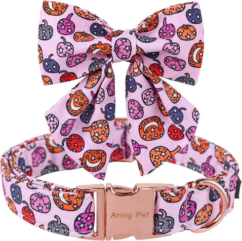 ARING PET Halloween Dog Collar-Cute Pink Pumpkin Dog Collar with Sailor Bowtie, Cotton Halloween Pumpkin Lamp Dog Collars with Metal Buckle...