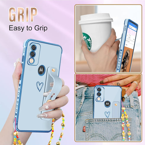Likiyami (3in1 for Motorola Moto G Pure 2021 Case Heart Women Girls Girly Cute Luxury Pretty with Stand Phone Cases Blue and Gold Love Hearts Aest...