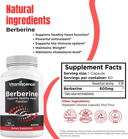 Berberine, One Pack, 600mg, 60 Capsules, Supports Heart Function, Antioxidant, Support Immune System, for Men and Women...