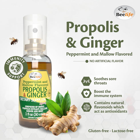 Beelife Propolis Throat Spray – Soothing Honey & Ginger Propolis - Natural Immune Support & Sore Throat Relief, Antioxidants, Rich in Flavonoids &...