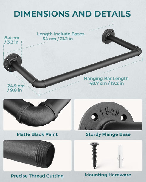 OROPY Industrial Pipe Clothes Rack 21.2” Set of 2, Heavy Duty Wall Mounted Black Iron Garment Bar, Multi-Purpose Clothing Hanging Rod for Laundry ...