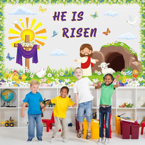 74 Pcs Christian Easter Bulletin Board Decorations Set Easter Bunny Egg Flower Paper Cutouts with Border He Is Risen Classroom Decor for Home Nurs...