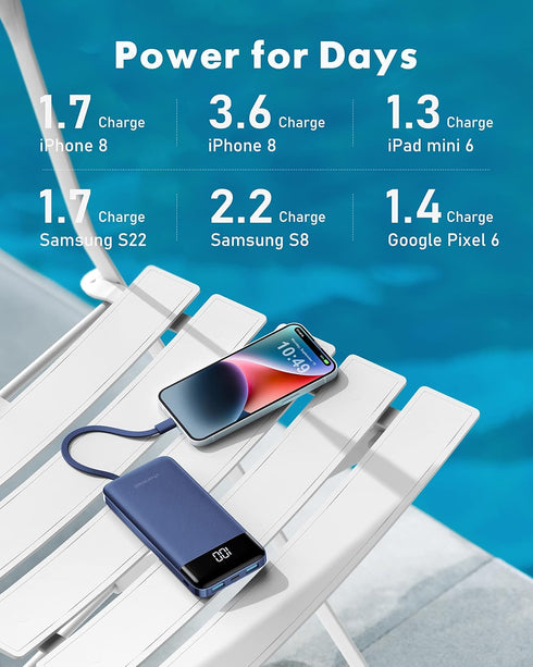 Portable Charger with Built in Cables, Portable Charger with Cords Wires Slim 10000mAh Travel Essentials Battery Pack 6 Outputs 3A High Speed Powe...