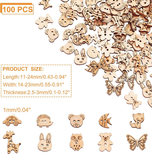 arricraft 100 Pcs Animal Style Wooden Sewing Buttons, 2-Hole Rabbit Butterfly Bear Sewing Buttons, Unfinished Wood Decorative Buttons for Sewing C...