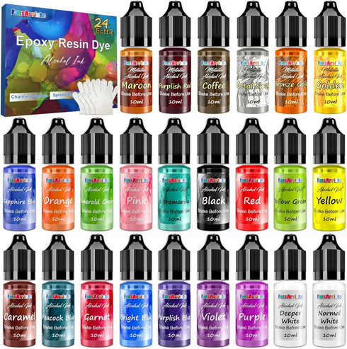 Alcohol Ink Set - 24 Vivid Colors, Concentrated Alcohol-Based Ink, Epoxy Resin Paint with Metallic Color Dye for Resin Coasters, Acrylic Painting,...