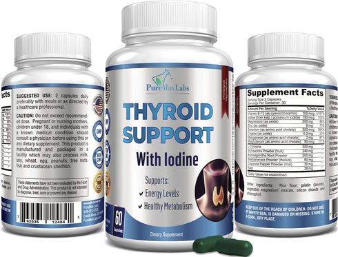 Thyroid Support with Iodine - Metabolism Booster, Energy Booster, Increase Focus - Premium Non-GMO Thyroid Supplement 60 Capsules...