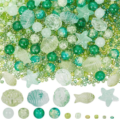 SUNNYCLUE 1 Box 3100+Pcs Ocean Theme Beads Kit Starfish Shell Bead Fish Glass Beads Green Glass Ocean Beads Sea Animals Beads Glass Loose Spacer B...