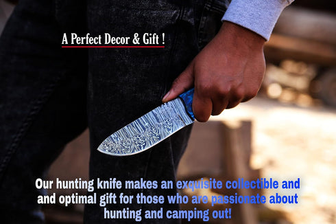 BCK damascus knife damascus steel hunting knife Fixed Blade Hunting Knife with Sheath - Damascus Knife with Blue Wood Handle - 9.75 Inches Handmad...