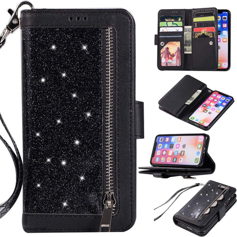 EYZUTAK Wallet Case for iPhone Xs iPhone X,Magnetic Handbag Zipper Pocket PU Leather Flip with 9 Card Slots and Wrist Strap Folio TPU Inner Stand ...