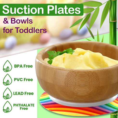 NutriChef Bamboo Baby Feeding Bowl - Wooden Infant Toddler Dish and Spoon Set w/Silicone Suction Base for Stay Put Eating, For Children Aged 4-72 ...