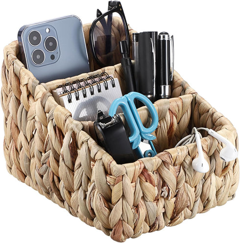BTSKY 3 Slots Natural Woven Remote Control Holder for Desk Water Hyacinth Media TV Caddy Storage Holder Office Supply Storage Rack Desk Accessorie...