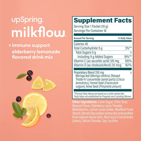 UpSpring Milkflow Immune Support Breastfeeding Supplement Drink Mix Fenugreek-Free, Moringa Elderberry Lemonade Flavor, Lactation Supplement to Su...
