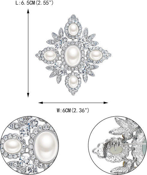 EVER FAITH Austrian Crystal Oval Simulated Pearl Wedding Chunky Flower Brooch Clear Silver-Tone...