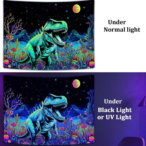 Blacklight Dinosaur Tapestry, Fantasy Neon Funny Dino Frog Mountain Art UV Reactive Tapestries, Cool Fairytales T-Rex Galaxy Space Glow in the Dar...