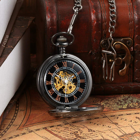 JewelryWe Antique Mechanical Pocket Watch Retro Classic Mechanical Hand-Wind Pocket Watch Steampunk Fob Watch Pendant Watch with Chain, for Father...