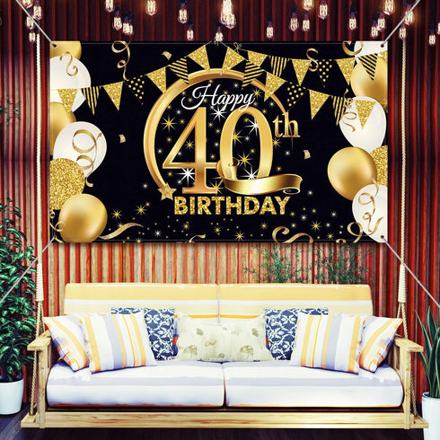 Blulu 40th Birthday Party Decoration, Extra Large Fabric Black Gold Sign Poster for 40th Anniversary Photo Booth Backdrop Background Banner, Birth...