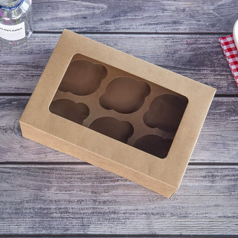 ONE MORE Cupcake Boxes with Inserts 6 Holders,9.5x6.3x3inch Large Brown Kraft Standard Bakery Boxes with Window Food Grade Cake Carrier Container ...