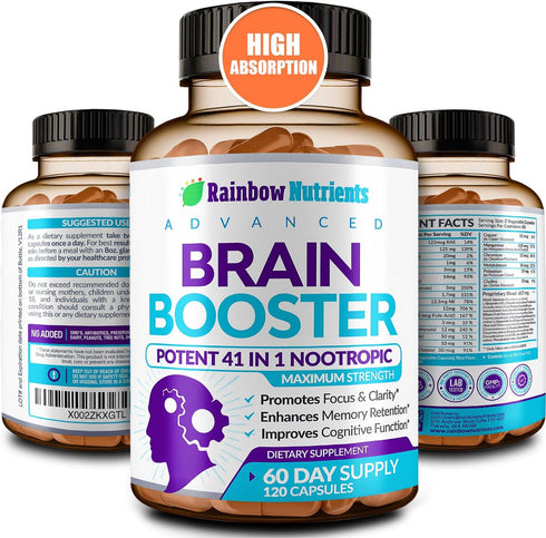 40-in-1 Brain Booster Supplements for Memory, Focus, Clarity, Energy, Performance | Natural Nootropic Brain Support Supplement with DMAE, Bacopa M...