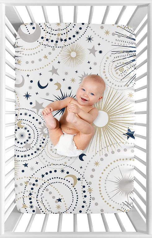 Sweet Jojo Designs Star and Moon Boy or Girl Fitted Mini Crib Sheet Baby Nursery for Portable Crib or Pack and Play - Navy Blue, Gold, and Grey Ce...
