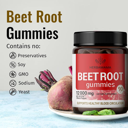 HERBAMAMA Beet Root Gummies - Chewable Vitamins from Beet Root Extract - Beet Root Supplements for Bolstering Energy Levels - 12000 mg, 90 Chews...