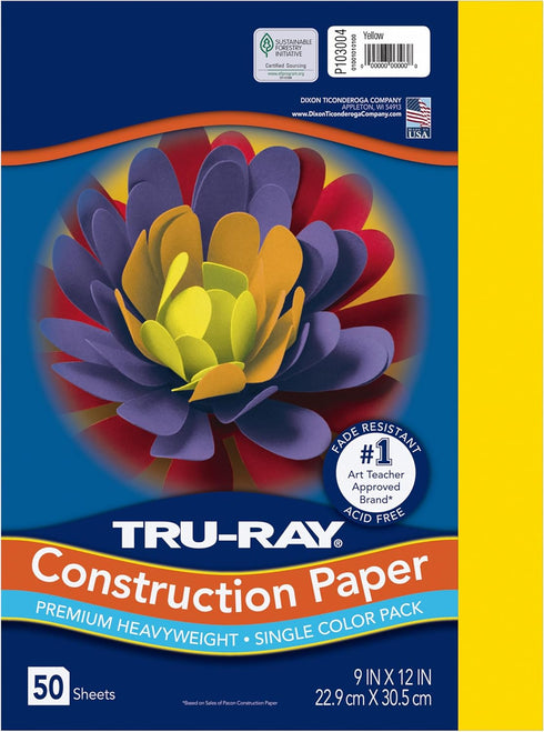 PACON Tru-Ray Construction Paper, 9-Inches by 12-Inches, 50-Count, Yellow (103004)...