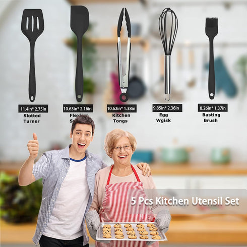 Silicone Kitchen Cooking Utensils Set Kitchen Spatula Set with Holder,5 pcs Heat Resistant Silicone Kitchen Utensils Gadgets Tools Set for Nonstic...