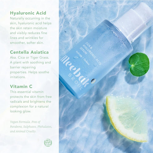 Meebak Korean Hyaluronic Acid Serum for Face with Vitamin C, CICA, Women, Anti Aging, Glow, Hydrating, 1.01 fl oz...