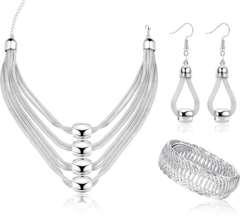 JOERICA 3Pcs Multi-Layer Bib Necklace African Jewelry Set for Women Choker Necklace Stretch Cuff Bracelet Dangle Earrings Halloween Costume Jewelr...