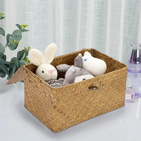Hipiwe Wicker Shelf Baskets Bin with Lid, Handwoven Seagrass Basket Storage Bins Rectangular Household Basket Boxes for Shelf Wardrobe Home Organi...