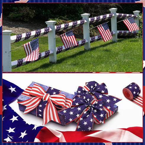 XunYee 3 Rolls Patriotic Ribbons American Flag Double Sided Star Striped Wired Ribbon Red Blue White Ribbons for Memorial Day 4th of July Independ...