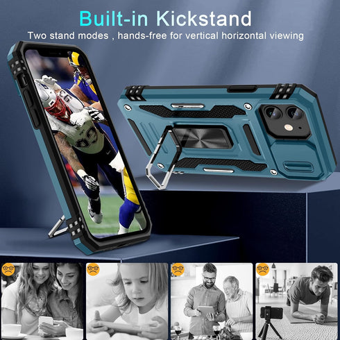 DEERLAMN for iPhone 11 Case with Slide Camera Cover+Screen Protector(2 Packs),Rotated Ring Kickstand Military Grade Shockproof Protective Cover-Li...