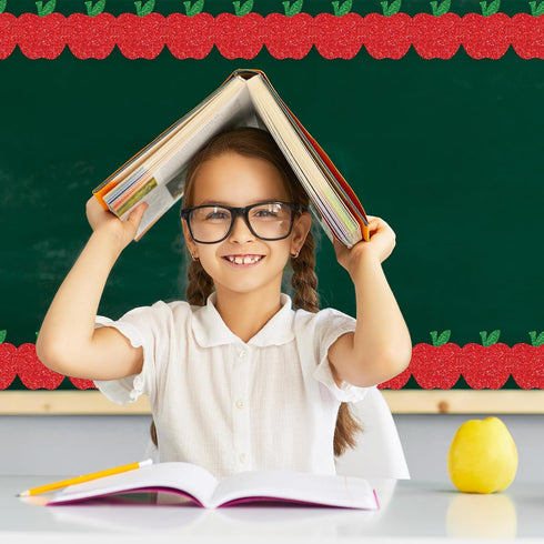 Whaline 65.6Ft Back to School Bulletin Board Border Glitter Red Apple Die Cut Trim Border Roll for First Day of School Home Party Supplies...