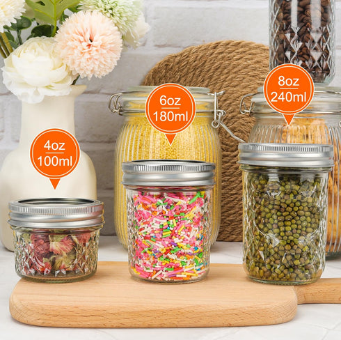 CycleMore 40 Pcs 4oz Clear Glass Mini Mason Jars With Silver Separable Lids and Diamond appearance, Small Spice Canning Jars for Honey, Jam, Jelly...