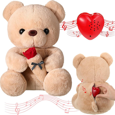 Hungdao Bear Stuffed Animal with Voice Recording 14 Inch Cute Plush Bear with Rose 60 Seconds Voice Sound Recorder Module Plush Recordable Toy wit...