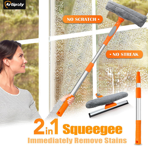 Squeegee for Window | 2-in-1 Window Cleaner Sponge and Soft Rubber Strip with Telescopic Extension Pole 25”-36” | Window Washer for Shower, Car Wi...