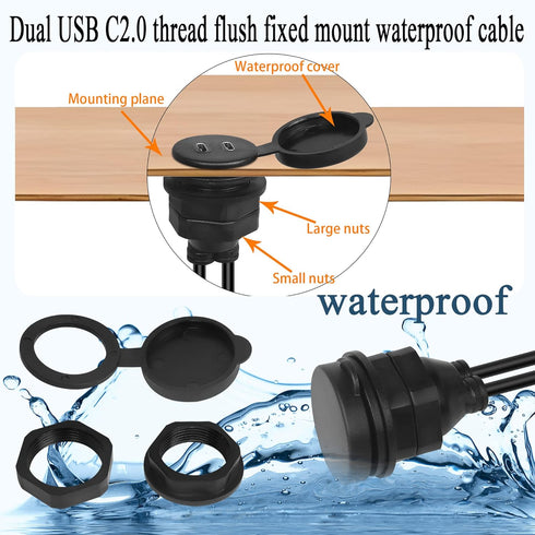 QIANRENON 2 USB C Threaded Flush Mount Waterproof Cable Dual USB C 2.0 Male to Female Car Dash Mount Extension Cable for Car Boat Truck Yacht Moto...