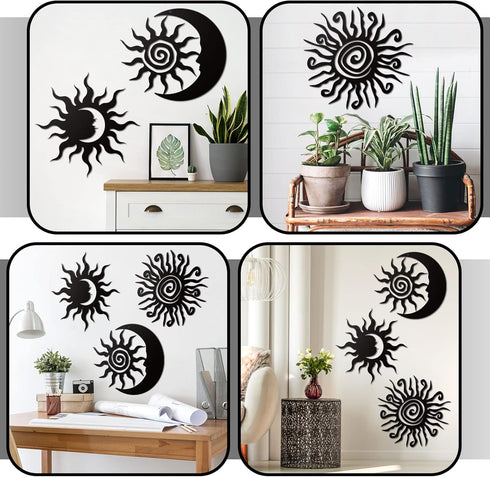 Therwen 3 Pieces Wacky Sun Metal Wall Art Outdoor Decor 7.87 Inches Sun Moon Outdoor Wall Decor Hanging Wrought Iron Sun Wall Sculpture for Home G...