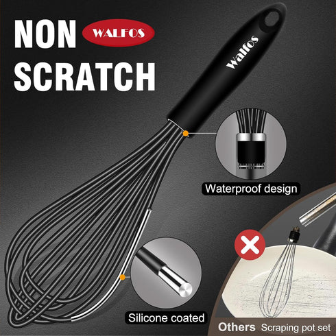 Walfos Whisk 11inch Flat Whisks and 10inch Balloon Whisk Combo,Silicone whisks for cooking,Non Scratch Coated Wisk,Suitable for Ceramic Coated pan...